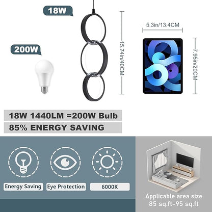 6000K Modern Led Pendant Light Fixture, 18W Black Spiral Led Pendant Lamp Chandelier Hanging Lamp,Adjustable Height Pendant Lights for Kitchen Dining Room Bedroom Kitchen Island, 1 Pack