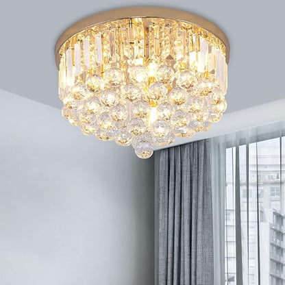 Mini Crystal Chandelier Ceiling Light,Flush Mount Modern Round K9 Crystal Raindrop Ceiling Lighting Fixture for Dining Room Bedroom Hallway Height 11''x Width 16''(French Gold)