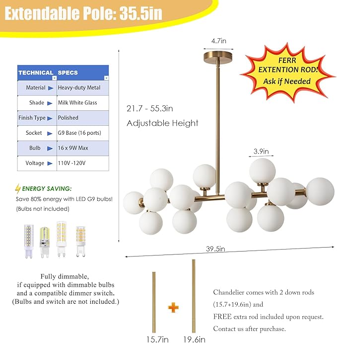 Mid Century Modern Chandelier Gold Linear Sputnik Chandeliers 16-Light Rectangular Pendant Lighting Fixture for Dining Room, Kitchen Island