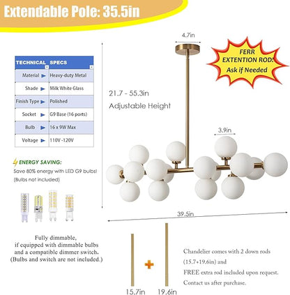 Mid Century Modern Chandelier Gold Linear Sputnik Chandeliers 16-Light Rectangular Pendant Lighting Fixture for Dining Room, Kitchen Island