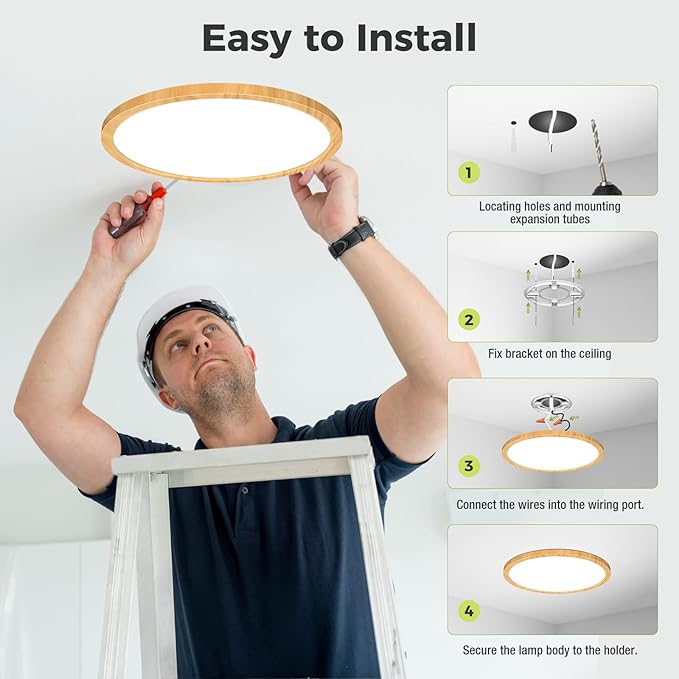 hepside 2Pack LED Flush Mount Ceiling Light Fixture, 12Inch 24W, Dimmable&3000K/3500K/4000K/5000K/6500K Adjustable Low Profile Ceiling Lights, Round Flat Ceiling Light for Closet,Kitchen,Hallway-Wood