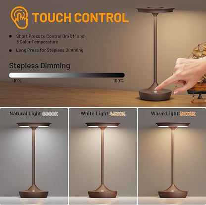 LED Cordless Table Lamps Rechargeable - Outdoor 6000mAh Battery Operated Portable Tables Light 3 Color Stepless Dimming Lamp with Memory Function for Patio Restaurant Dining Rust