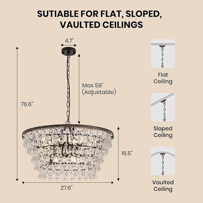 7PM Vintage Crystal Chandelier for Dining Room,28-inch Antique Crystal Ceiling Light Fixture, 5-Tier Bronze Chandelier for Living Room, Kitchen Island, Bedroom, Entryway