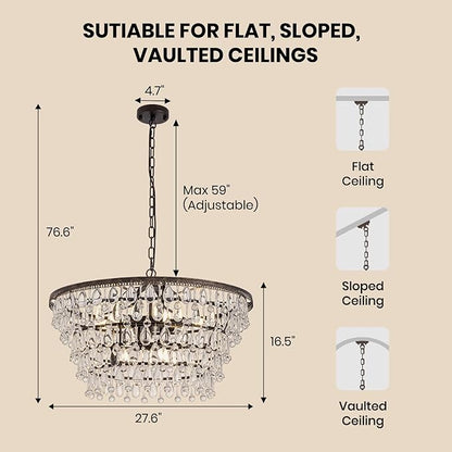 7PM Vintage Crystal Chandelier for Dining Room,28-inch Antique Crystal Ceiling Light Fixture, 5-Tier Bronze Chandelier for Living Room, Kitchen Island, Bedroom, Entryway