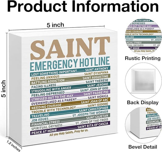 Christian Gifts for Women Men, Catholic Decor, Saint Emergency Wood Block Sign for Home Office Desk Decoration 5 x 5 Inches