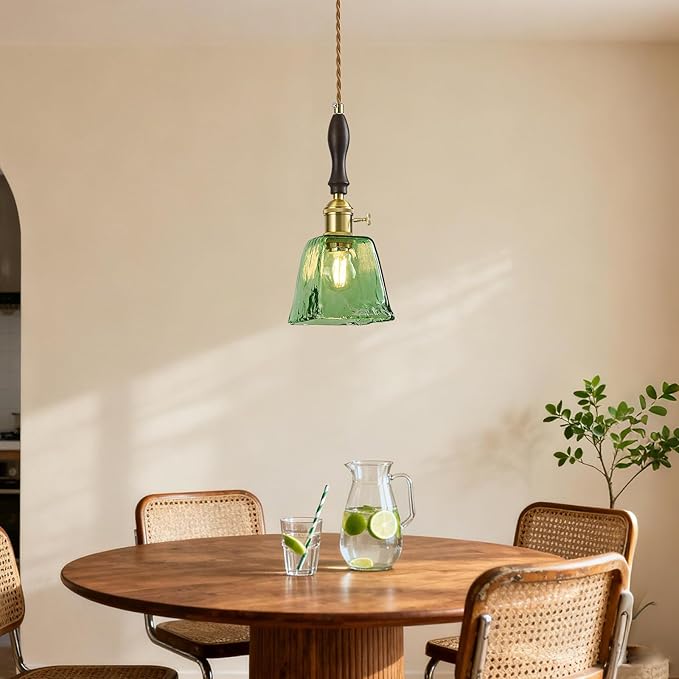 Green Glass Vintage Pendant Light Height Adjustable Handmade Glass Pendant Lights Kitchen Island Gold Hanging Light Fixture with Wood Handle for Bedroom Dining Room Hotel (2 Pack)