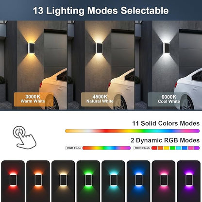 Solar Wall Light Outdoor,3000/4500/6000K/RGB 13 Modes Dusk to Dawn Lighting Solar Sconce Lights IP67 Waterproof Up and Down Solar Lights Outdoor for House /Porch/Fence/Patio/Garage-White Shell (1PCS)
