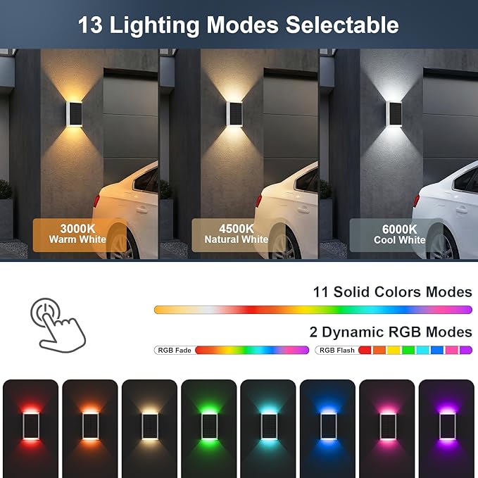 Solar Wall Light Outdoor,3000/4500/6000K/RGB 13 Modes Dusk to Dawn Lighting Solar Sconce Lights IP67 Waterproof Up and Down Solar Lights Outdoor for House /Porch/Fence/Patio/Garage-White Shell (4PCS)