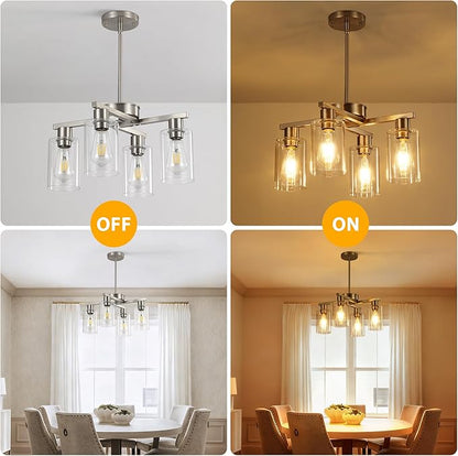 4-Light Brushed Nickel Dining Room Light Fixture, Modern Industrial Kitchen Chandelier Over Table, Adjustable Height Hanging Pendant Light for Kitchen Island, Entryway with Clear Glass Shade