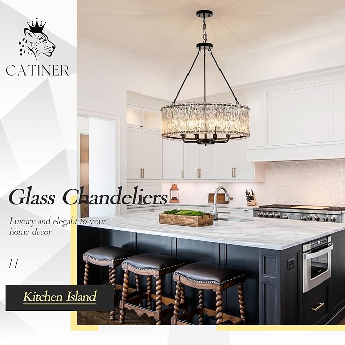 CATINER Modern Drum Chandelier 24.4" Black Crystal Glass Chandeliers 8-Light Luxury Ceiling Pendant Lighting Fixture for Dining Room Foyer Living Room Bedroom