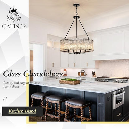 CATINER Modern Drum Chandelier 24.4" Black Crystal Glass Chandeliers 8-Light Luxury Ceiling Pendant Lighting Fixture for Dining Room Foyer Living Room Bedroom