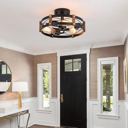 3-Light Rustic Farmhouse Wood Flush Mount Ceiling Light Fixture 13.6 inch Oak Wood and Metal Round Cage Semi Flush Mount Ceiling Light for Hallway Hall Entry Bedroom Kitchen Farmhouse, Black