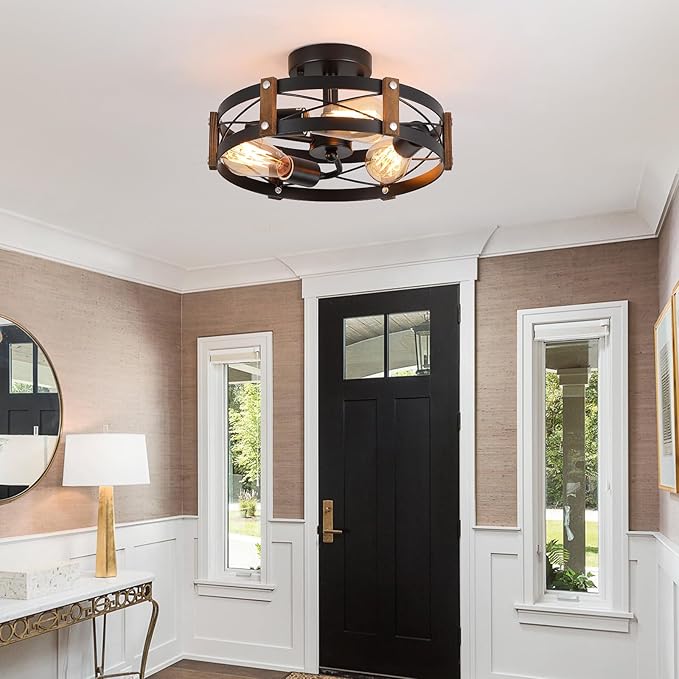 2 Pack 3-Light Rustic Farmhouse Wood Flush Mount Ceiling Light Fixture 13.6 inch Oak Wood and Metal Round Cage Semi Flush Mount Ceiling Light for Hallway Hall Entry Bedroom Kitchen Farmhouse, Black