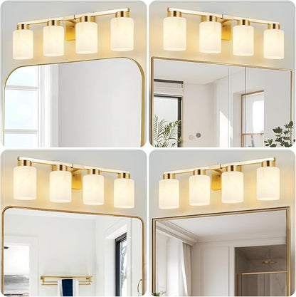 4-Light Bathroom Light Fixtures, Modern Vanity Lights, Gold Metal Wall Lamp with White Marble Glass for Bathroom, Mirror, Living Room, Bedroom, Cabinet, Porch, Hallway, E26 Base