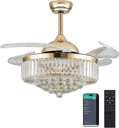 DuMaiWay 42" Dimmable Crystal Ceiling Fan with Light, Fandelier,Chandelier Fan with 4 Retractable Blades LED Remote APP Control for Living Room, Bedroom, Dining Room 6 Speed-Gold