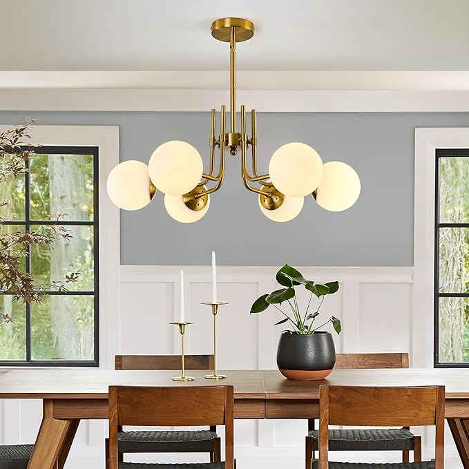 hesoge 6 Light Modern Sputnik Chandelier with Milk White Glass Globe Mid Century Gold Pendant Light Semi Flush Mount Ceiling Light Fixture for Dining Room Living Room Kitchen Entryway.