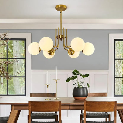 hesoge 6 Light Modern Sputnik Chandelier with Milk White Glass Globe Mid Century Gold Pendant Light Semi Flush Mount Ceiling Light Fixture for Dining Room Living Room Kitchen Entryway.