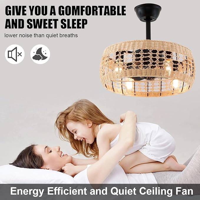 18.2" Rattan Ceiling Fan with Lights 4-Light Boho Caged Ceiling Fandelier with Light Reversible Brown Wicker Flush Mount Fan Pendant Light Remote for Bedroom Kitchen Dining/Living Room Hallway