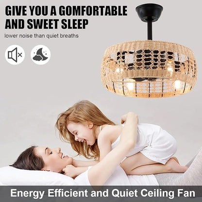 18.2" Rattan Ceiling Fan with Lights 4-Light Boho Caged Ceiling Fandelier with Light Reversible Brown Wicker Flush Mount Fan Pendant Light Remote for Bedroom Kitchen Dining/Living Room Hallway