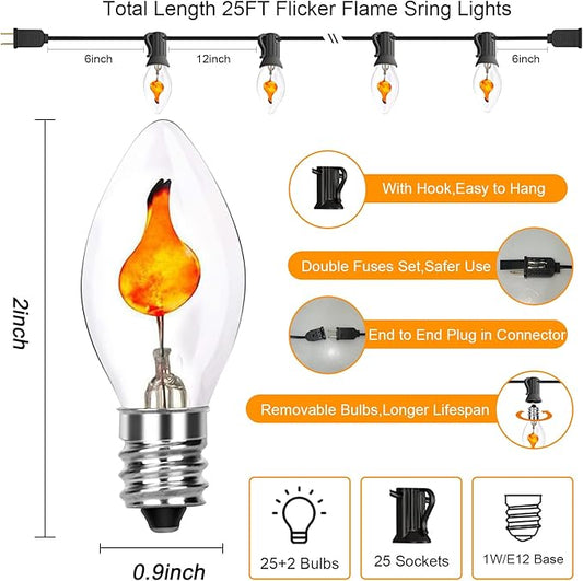 C7 Christmas Flicker Flame String Lights, 25Ft C7 Outdoor Christmas Decorations String Lights with Clear Flicker Flame Bulbs, Hanging Patio Lights for Christmas Halloween Party Garden Porch-Black