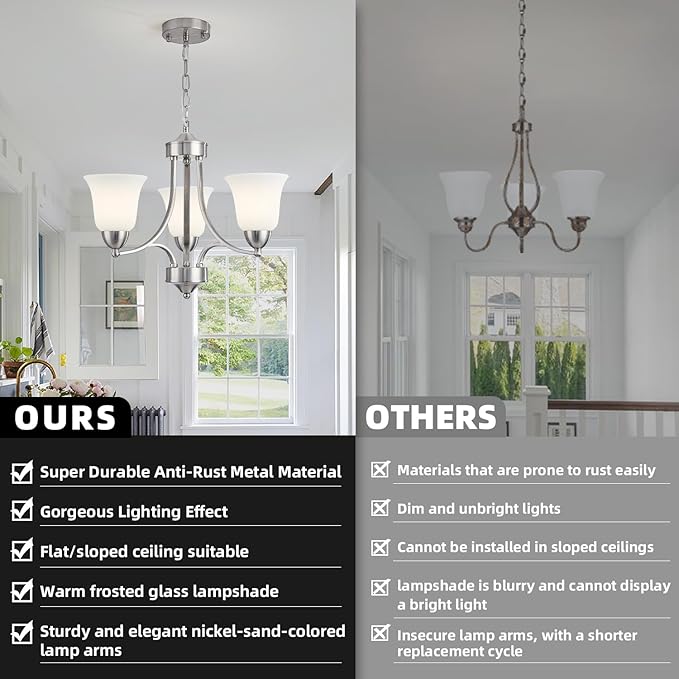 3-Lights Farmhouse Chandelier Brushed Nickel Modern Dining Room Light Fixture Silver Adjustable Ceiling Hanging Pendent Lighting with Frosted Glass for Kitchen Island, Living Room,Foyer