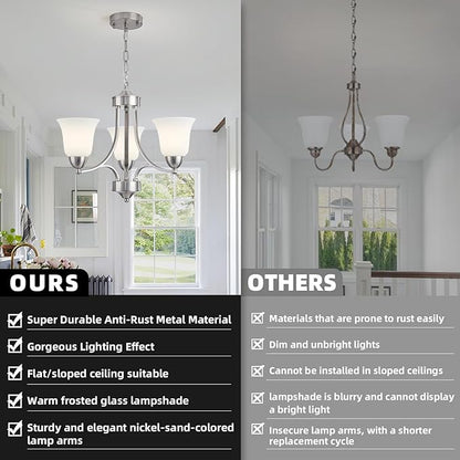 3-Lights Farmhouse Chandelier Brushed Nickel Modern Dining Room Light Fixture Silver Adjustable Ceiling Hanging Pendent Lighting with Frosted Glass for Kitchen Island, Living Room,Foyer