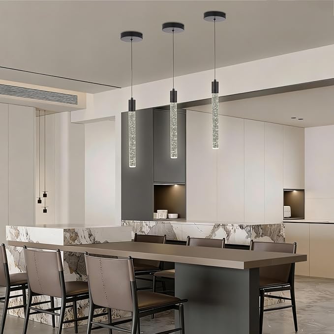 3 Pack Black Bubble Crystal Pendant Lights for Kitchen Island, Modern Mini Chandelier Set with Integrated LED, Adjustable Hanging Crystal Rod Pendant Lighting for Dining Room Bar