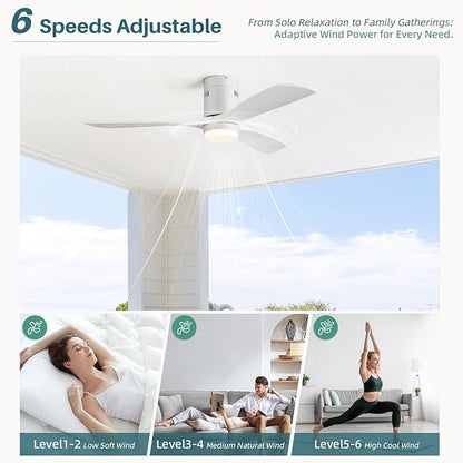 CACI Mall 52” Smart Low Profile Ceiling Fans with Lights Remote, White, 3 Wood Blades, Modern, Compatible with Alexa/Google/App, for Bedroom/Farmhouse/Patio