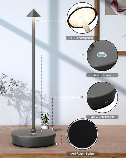 Cordless Table Lamps Rechargeable, 6000mAh Battery Operated LED Desk Lamp Outdoor Waterproof Portable Touch Dimmable Table Light for Patio Restaurant Dining Home Set of 2 Grey