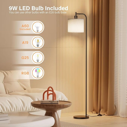 SIBRILLE Floor Lamp with Linen Shade, Dimmable Tall Standing Lamp with Remote Control & 3 Color Temperatures, Modern Corner Floor Lamps for Living Room Bedroom Office, 9W LED Bulb Included