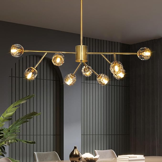 Depuley Modern Gold Sputnik Chandelier: 9-Light Crystal Glass Chandelier for Dining Room - Kitchen Table Light Fixture Mid Century Hanging Lamp Height Adjustable for Foyer (Included G9 Bulbs)