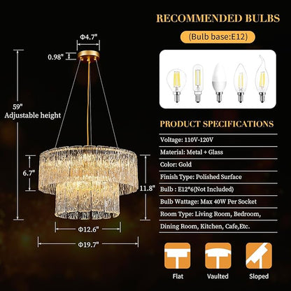 20" Crystal Chandelier Modern Gold Glass Chandeliers 2-Tier Round Elegant Luxury Lighting 6-Light Drum Crystal Chandelier for Dining Room Kitchen Restaurant Foyer Bedroom Living Room
