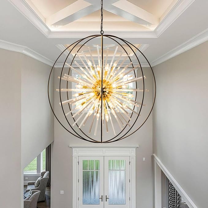 Vezzio D42 Extra Large Black and Gold Chandeliers for High Ceiling 24-Light Big Modern Globe Crystal Chandeliers for Entryway Foyer Stairway Kitchen Dining Living Room