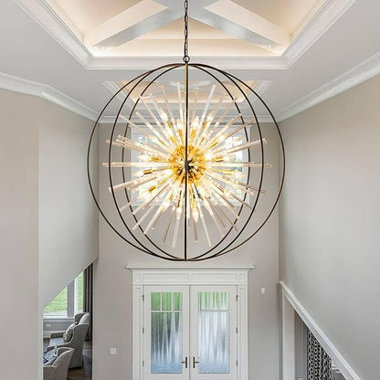 Vezzio D42 Extra Large Black and Gold Chandeliers for High Ceiling 24-Light Big Modern Globe Crystal Chandeliers for Entryway Foyer Stairway Kitchen Dining Living Room