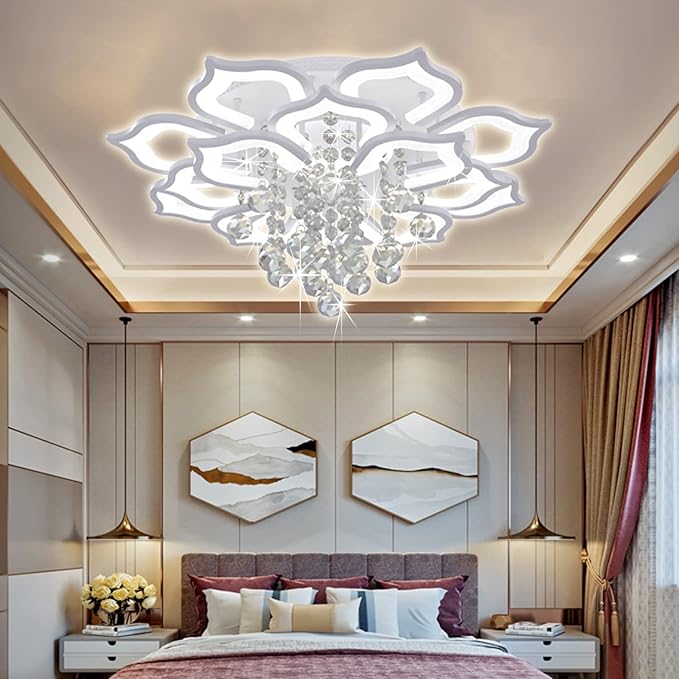 Bevenus Modern Led Ceiling Light,72w Crystal Petal Flush Mount Chandelier Ceiling Flower Lamp with Remote Control for Living Room,Bedroom,Dining Room,Hall,Etc.8+4+4 Heads………