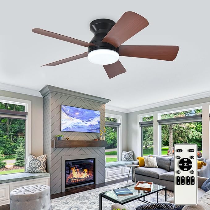 35-Inch Ceiling Fans with Lights: Walnut Low Profile Ceiling Fan with Light and Remote Control - Reversible Flush Mount Fans - 3CCT Dimmable Small Ceiling Fan for Bedroom Indoor/Outdoor Use