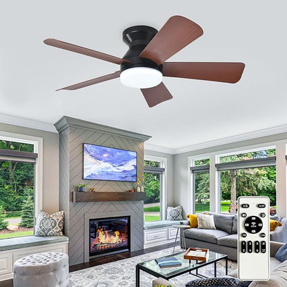 35-Inch Ceiling Fans with Lights: Walnut Low Profile Ceiling Fan with Light and Remote Control - Reversible Flush Mount Fans - 3CCT Dimmable Small Ceiling Fan for Bedroom Indoor/Outdoor Use