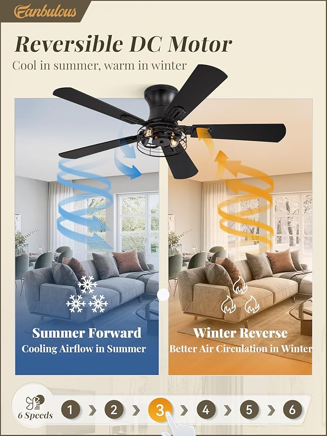 2 Pack Flush Mount 42 Inch Farmhouse Ceiling Fan with Light, Caged Ceiling Fans for Bedroom Living Room, Double-Sided 5 Blades Rustic Ceiling Fan-Black