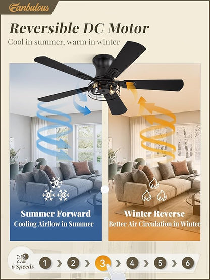 1 Pack Flush Mount 42 Inch Farmhouse Ceiling Fan with Light, Caged Ceiling Fans for Bedroom Living Room, Double-Sided 5 Blades Rustic Ceiling Fan-Black