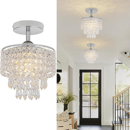 8" Mini Crystal Chandelier 3-Tier Crystal Raindrop Semi Flush Mount Ceiling Light Fixture Small Chandelier for Bedroom Kitchen Hallway Bathroom Closet (Chrome)