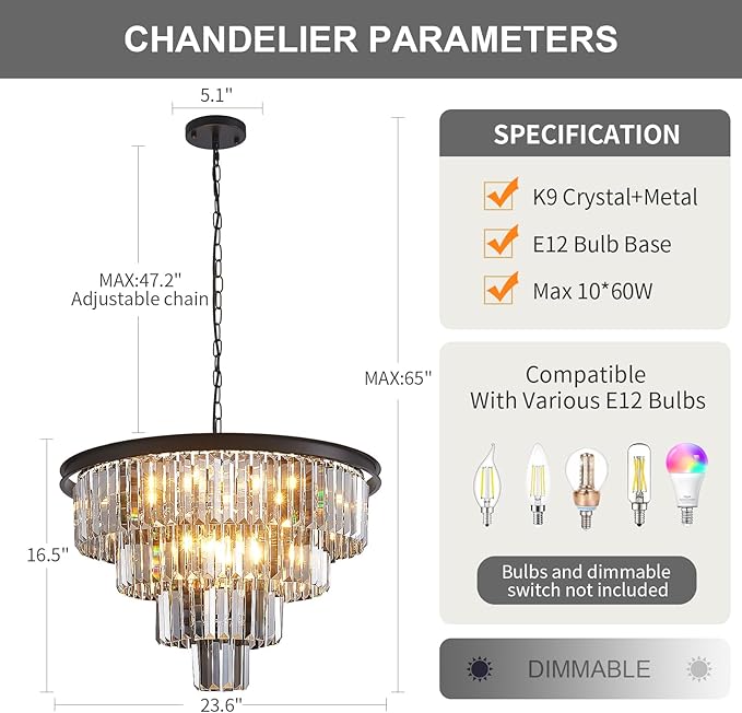 24'' Smoke Gray Crystal Chandelier Black Modern Luxury Light Fixture for Dining Room 4-Tier Round Hanging Pendant Ceiling Lighting for Entryway Foyer Living Room Bed Room Adjustable Height