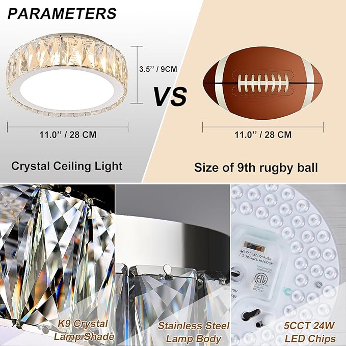 Modern 11 Inch Luxury Crystal Ceiling Light Fixture,Dimmable 3000K-6500K Adjustable LED Lighting Fixtures,Chrome 24W Round Small Chandelier for Kitchen,Bedroom,Laundry Room, Hallway