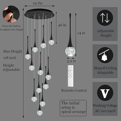 Modern Crystal Staircase Chandelier for High Ceilings, Glam LED Dimmable Pendant Light Living Room Entryway Foyer Chandelier Lighting Fixture Black 12-Lights