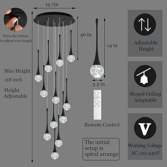 Modern Crystal Staircase Chandelier for High Ceilings, Glam LED Dimmable Pendant Light Living Room Entryway Foyer Chandelier Lighting Fixture Black 12-Lights