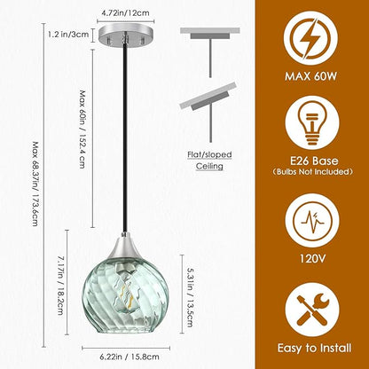Pendant Lights Kitchen Island,2 Pack Farmhouse Pendant Lights,Green Striped Swirl Globe Glass Pendant Light Fixtures,Mini Island Lights For Kitchen,Modern Hanging Light Fixture With Adjustable Height