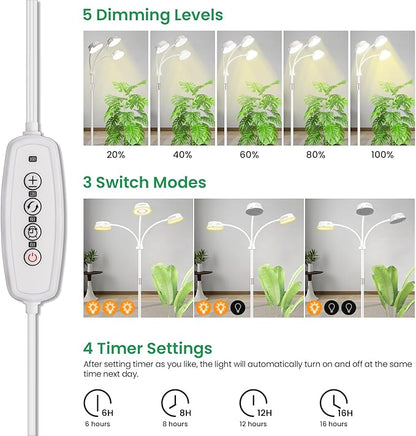 LORDEM Full Spectrum Plant Light for Indoor Growing,Tri-Head Grow Light with Stand for Large Plants,Auto ON/Off Timer 6/8/12/16H, 5 Dimmable Levels, 20-70 inches Adjustable Height