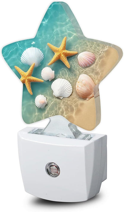 Night Light,Starfish Shell Plug into Wall with Dusk to Dawn Light Sensors,Summer Coastal Beach Warm Star Nightlights for Bedroom,Bathroom,Hallway,Kitchen Home Decor Desk Lamp