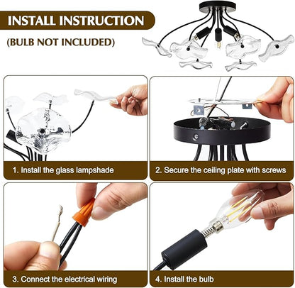 Luvkczc Semi Flush Mount Ceiling Light, Modern Glass Ceiling Light Fixture, Vintage Black Lighting for Kitchen Entryway Hallway Bathroom Bedroom Foyer, 3 Light E12 Socket