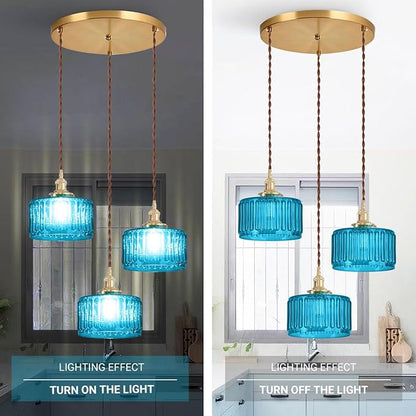 Mid Century 3-Light Blue Glass Chandelier Globe Cluster Chandeliers with Striped Round Shade Modern Large Glass Ceiling Pendant Light Fixtures for Kitchen Island Staircase Dining Room