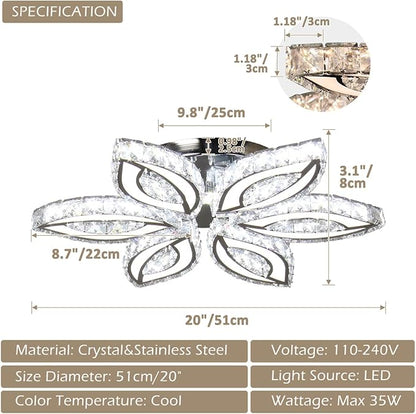 CLAIRDAI 20" Modern Crystal Chandelier, Flower Led Chandelier with K9 Crystal Acrylic, Cool White 6500K, 20" x 20" x 3.1" for Living Room